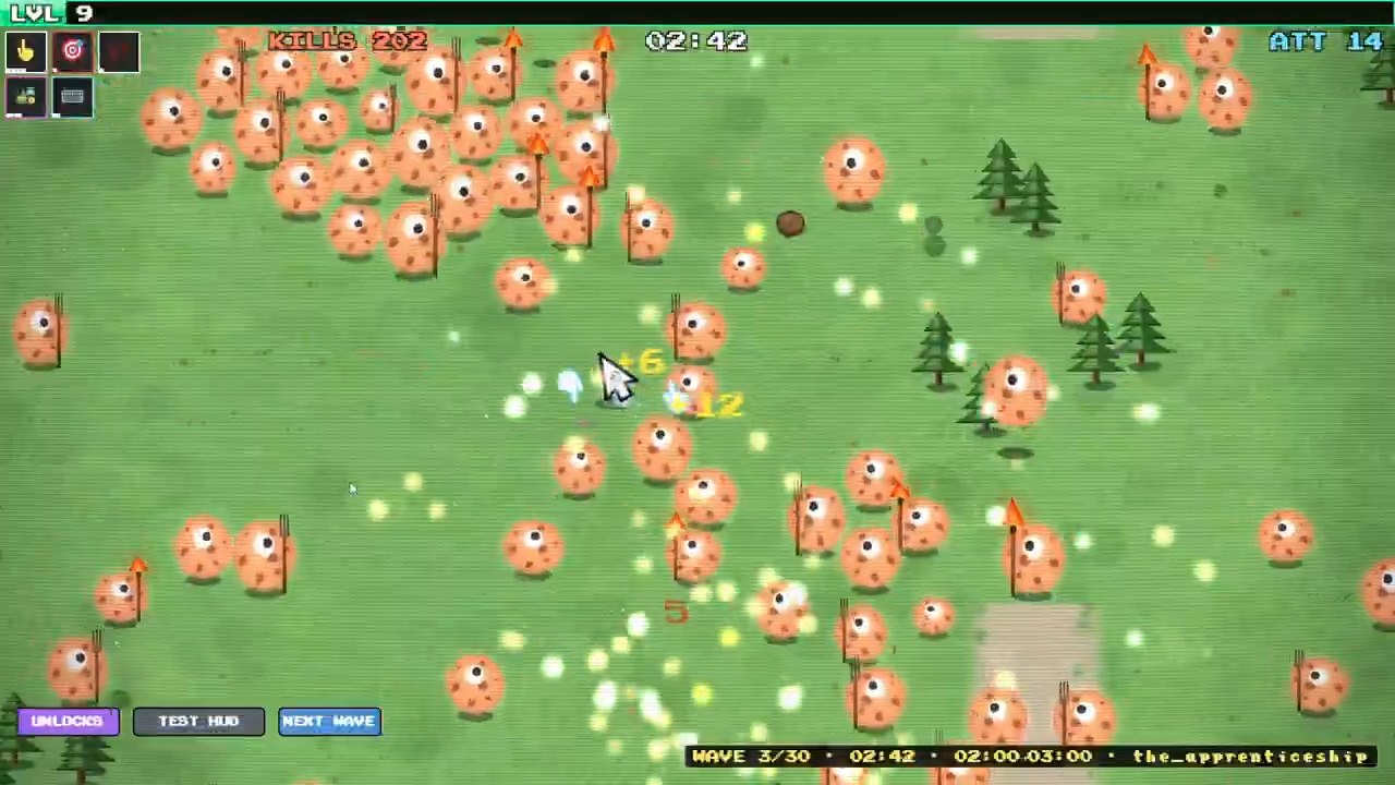 SCRUMBAG combat: the cursor firing into a crowd of enemies